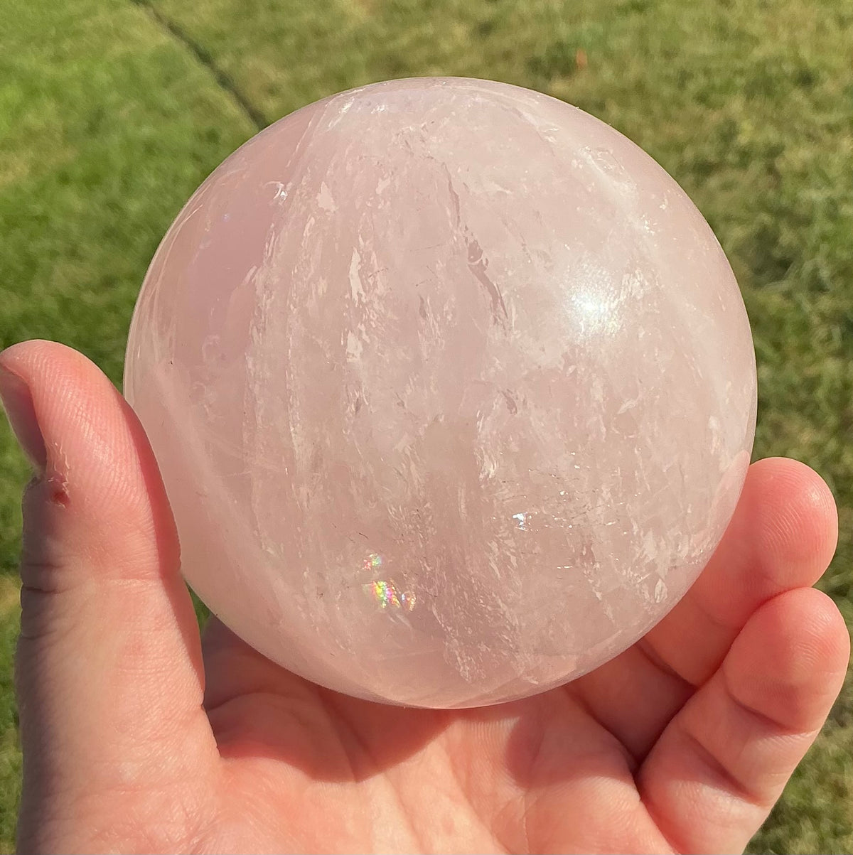 Large Natural Rose Quartz Sphere (81mm) with Rainbow Flash Inclusions!