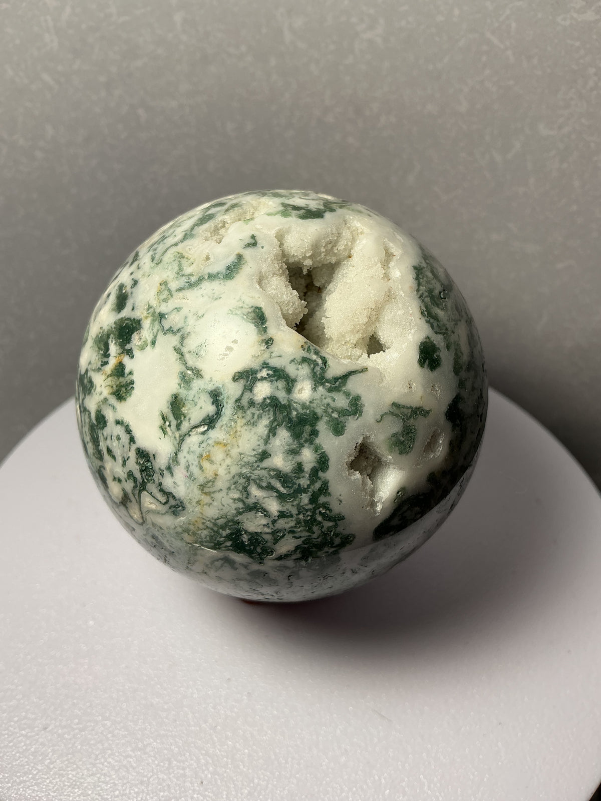 Natural Moss Agate Sphere with White Druzy Pockets