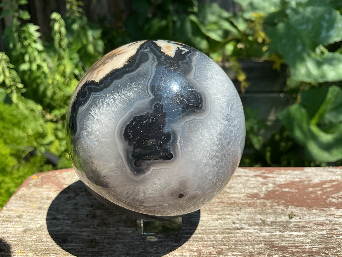 Large Natural Volcano Agate Sphere-87mm With HUGE Quartz Area and Strong UV