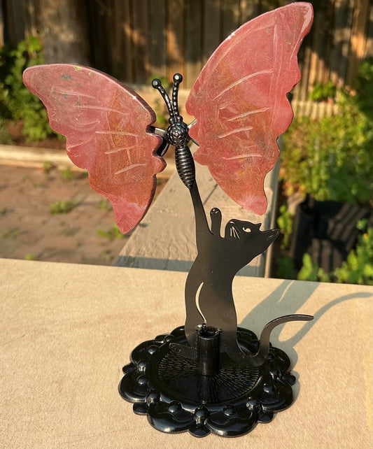 Cat Reaching for Crystal Butterfly Standing Decoration