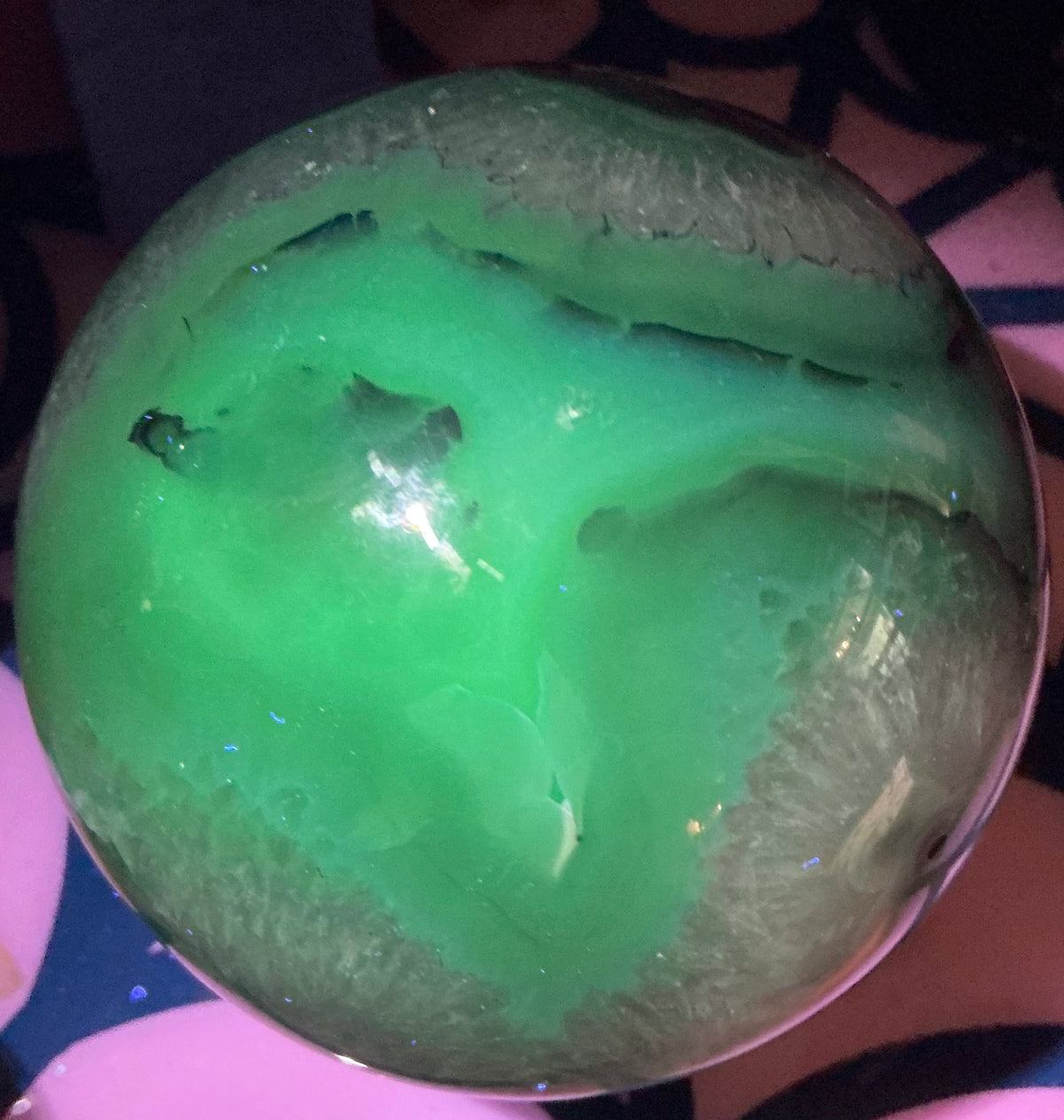 Large Natural Volcano Agate Sphere-87mm With HUGE Quartz Area and Strong UV