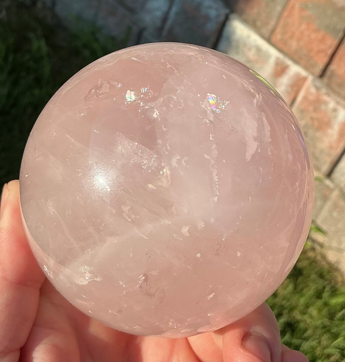 Large Natural Rose Quartz Sphere (81mm) with Rainbow Flash Inclusions!