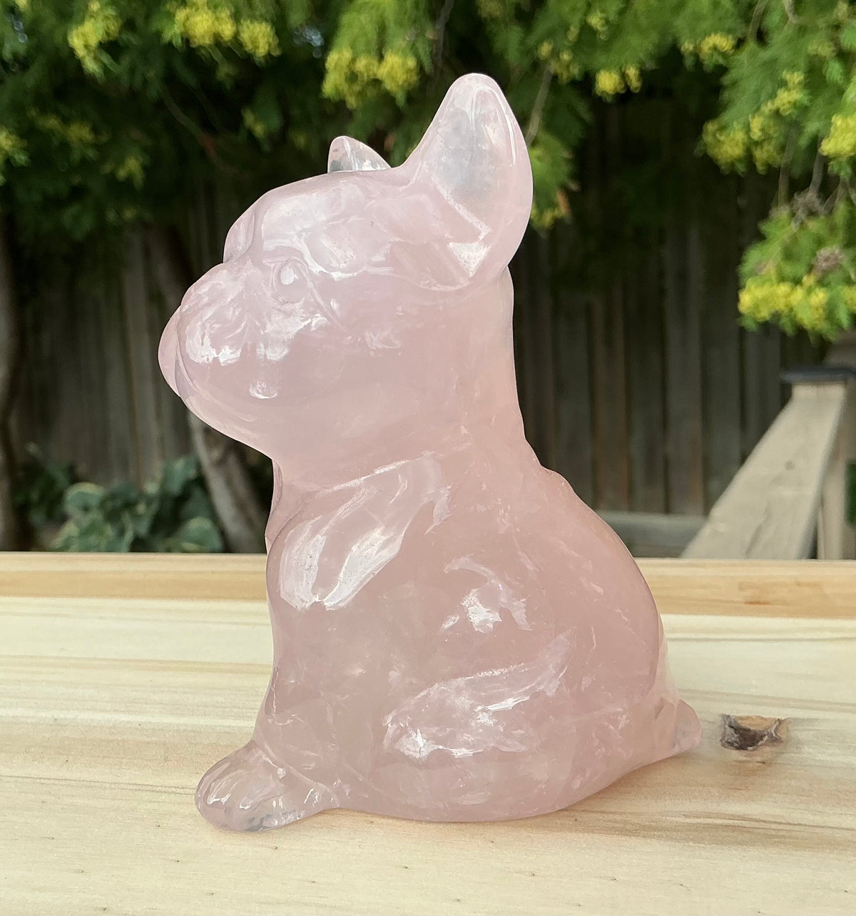 Adorable Natural Rose Quartz French Bulldog Carving