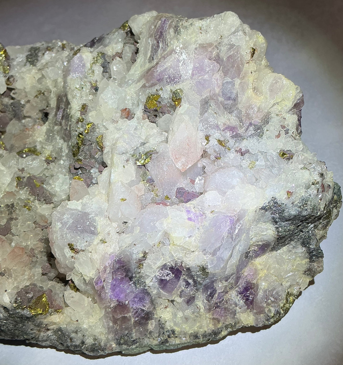 Rare Natural Multi-Mineral Specimen- Fluorite, Amethyst, Pyrite and Calcite Together!
