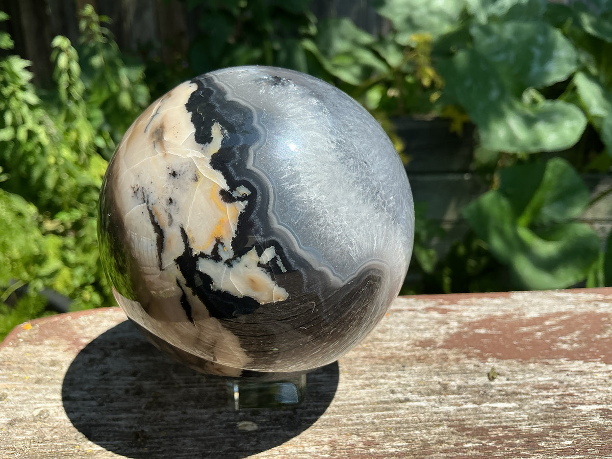 Large Natural Volcano Agate Sphere-87mm With HUGE Quartz Area and Strong UV