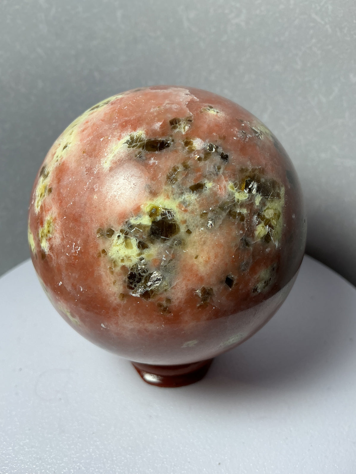 Rare Natural Pink Peach Blossom Tourmaline Sphere with Silvery Inclusions- 64mm