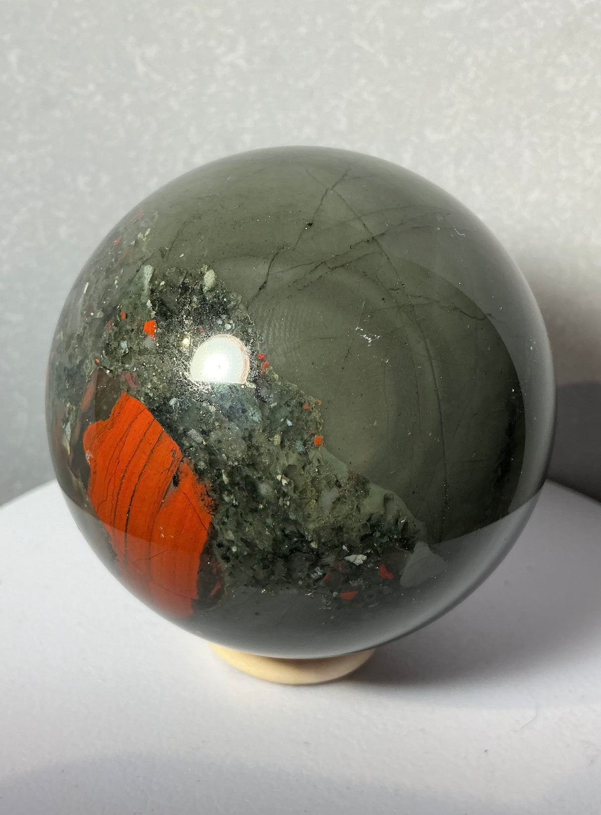 Unique African Bloodstone 68mm Sphere with Pyrite Inclusions
