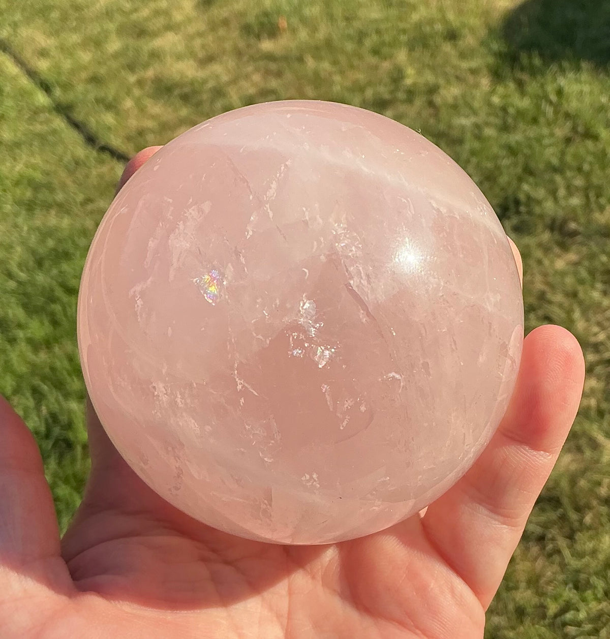 Large Natural Rose Quartz Sphere (81mm) with Rainbow Flash Inclusions!