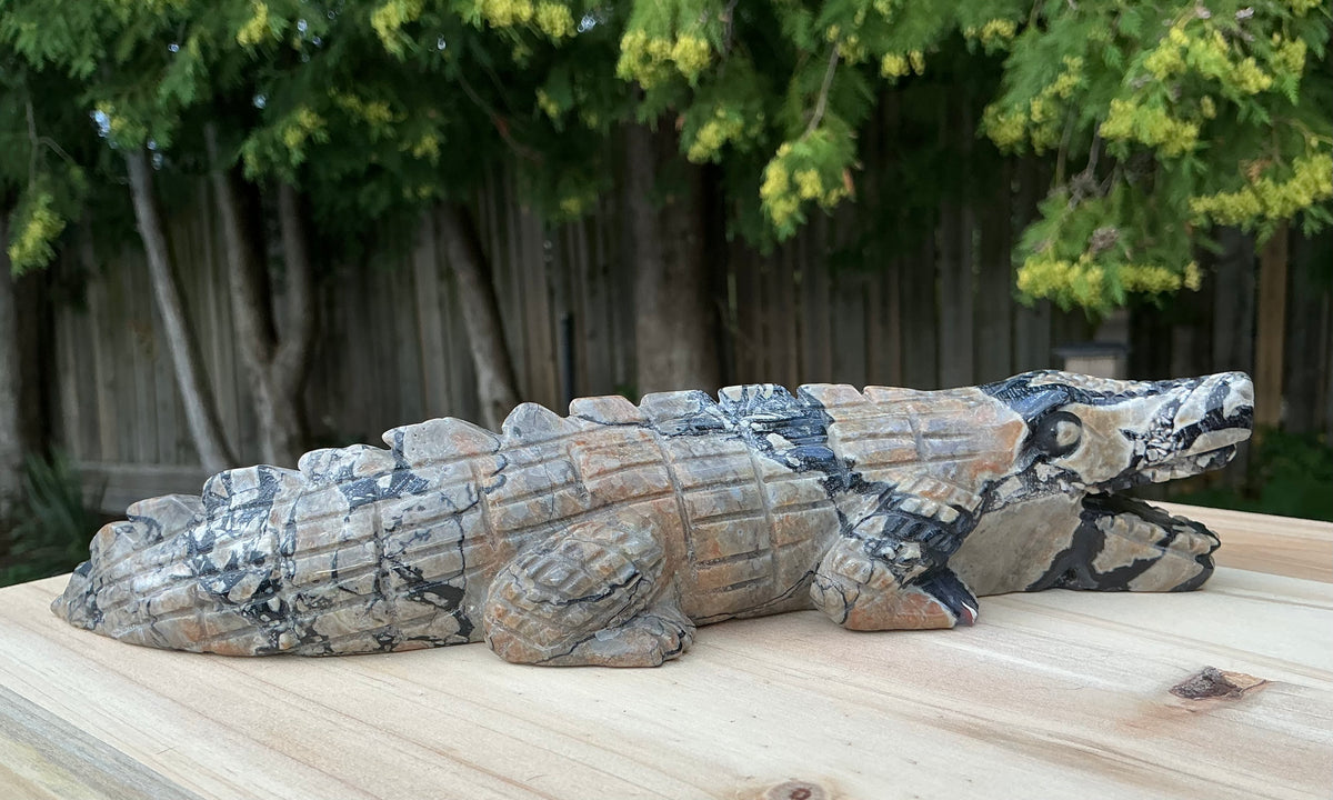 Natural Volcano Agate Crocodile/Alligator Carving