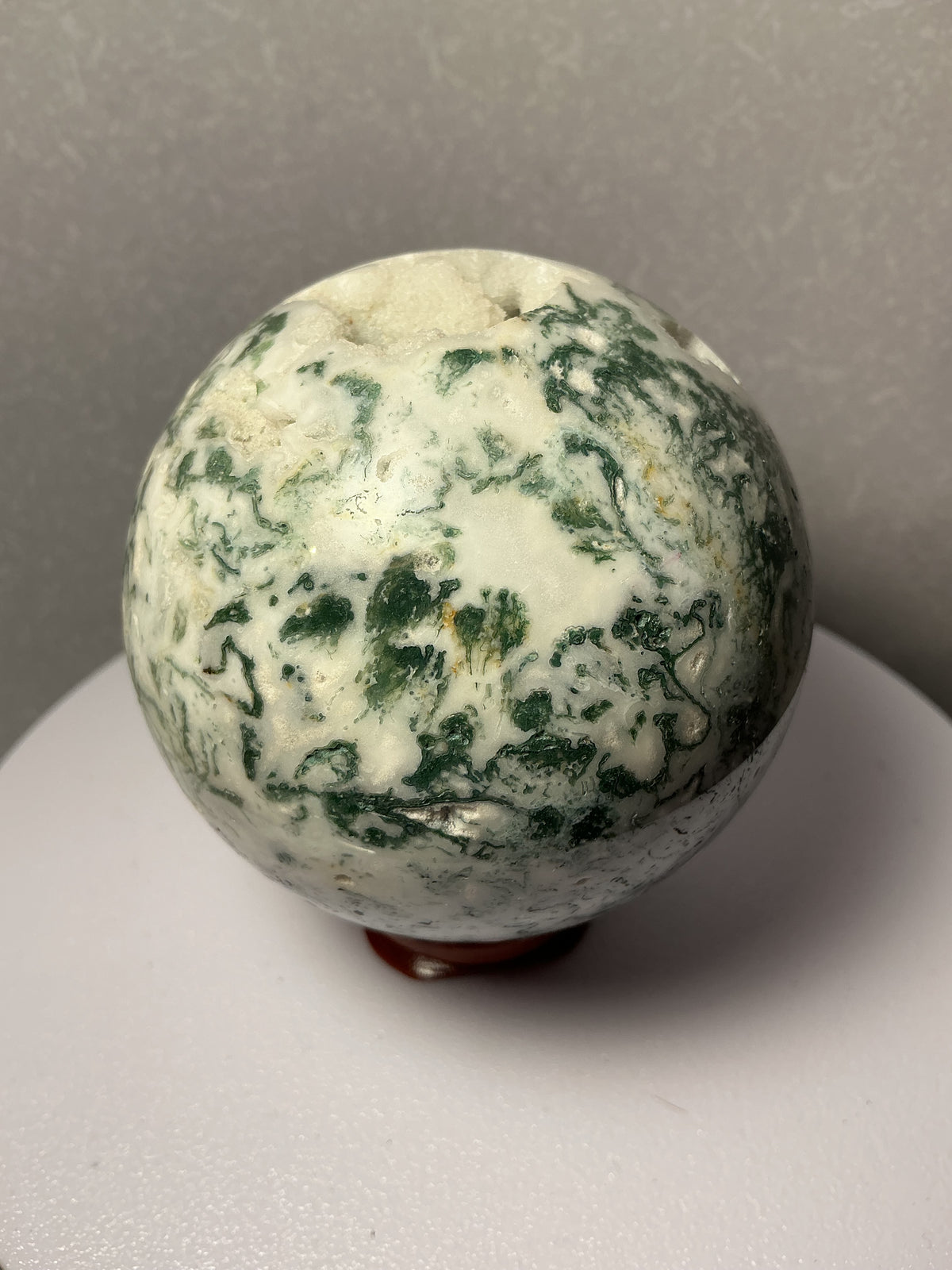 Natural Moss Agate Sphere with White Druzy Pockets