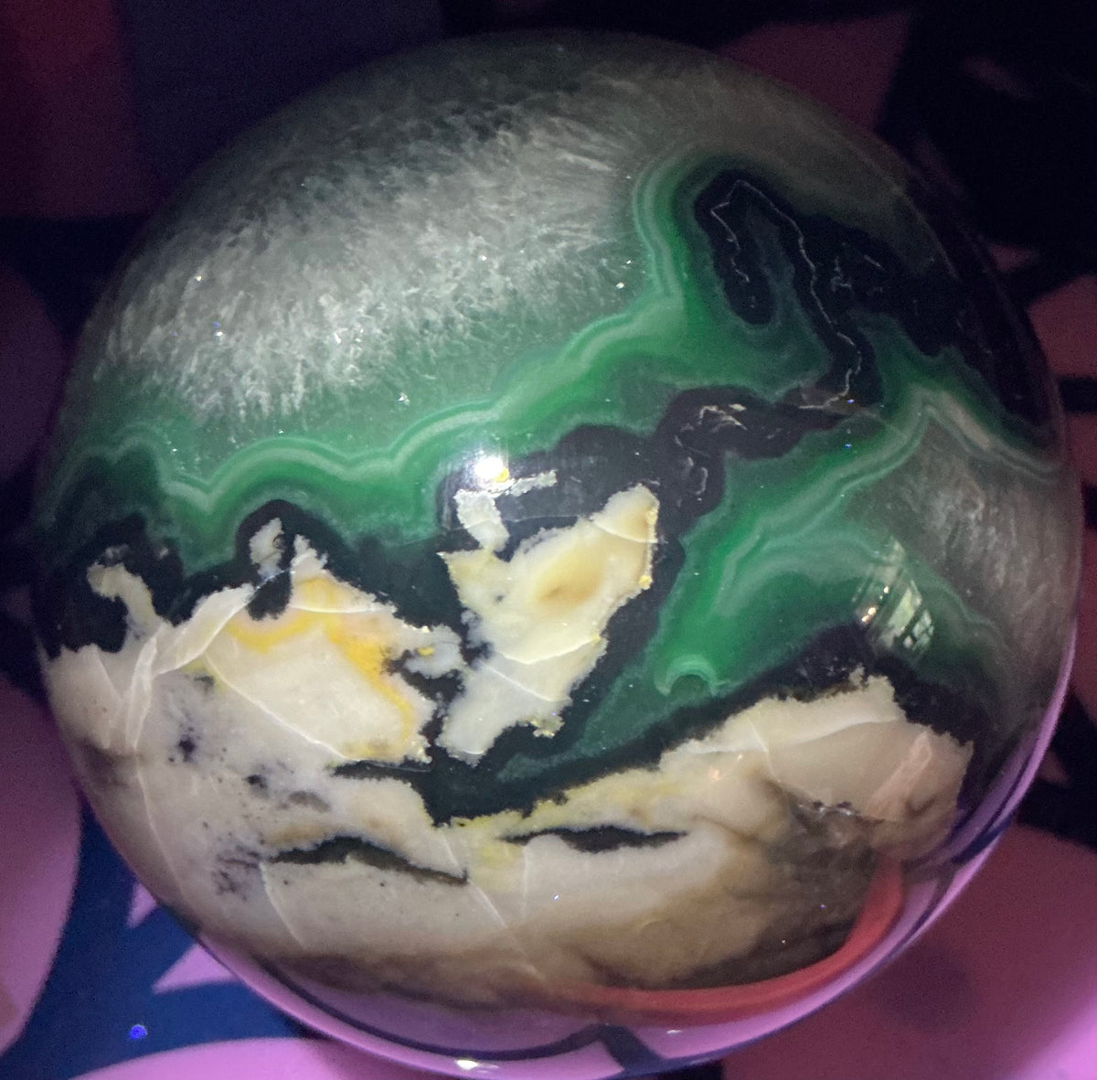 Large Natural Volcano Agate Sphere-87mm With HUGE Quartz Area and Strong UV