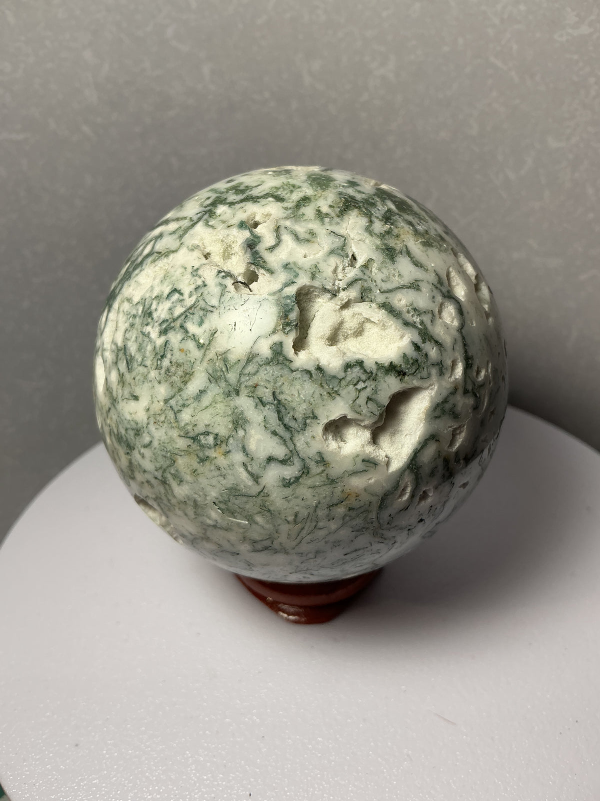Natural Moss Agate Sphere with White Druzy Pockets