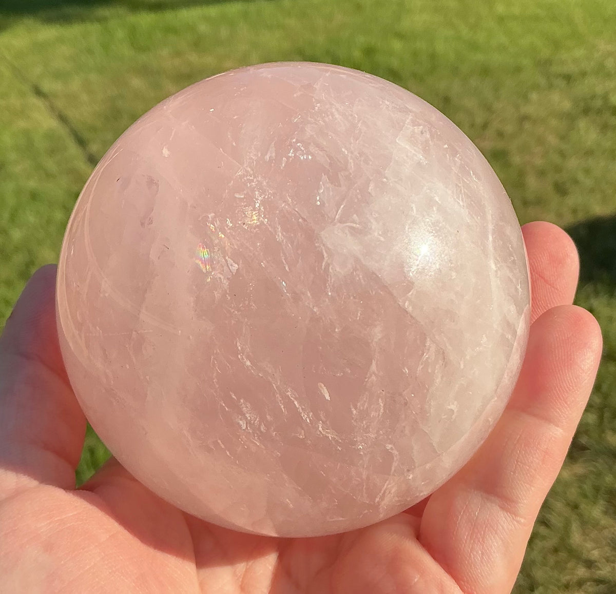 Large Natural Rose Quartz Sphere (81mm) with Rainbow Flash Inclusions!
