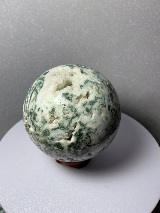 Natural Moss Agate Sphere with White Druzy Pockets
