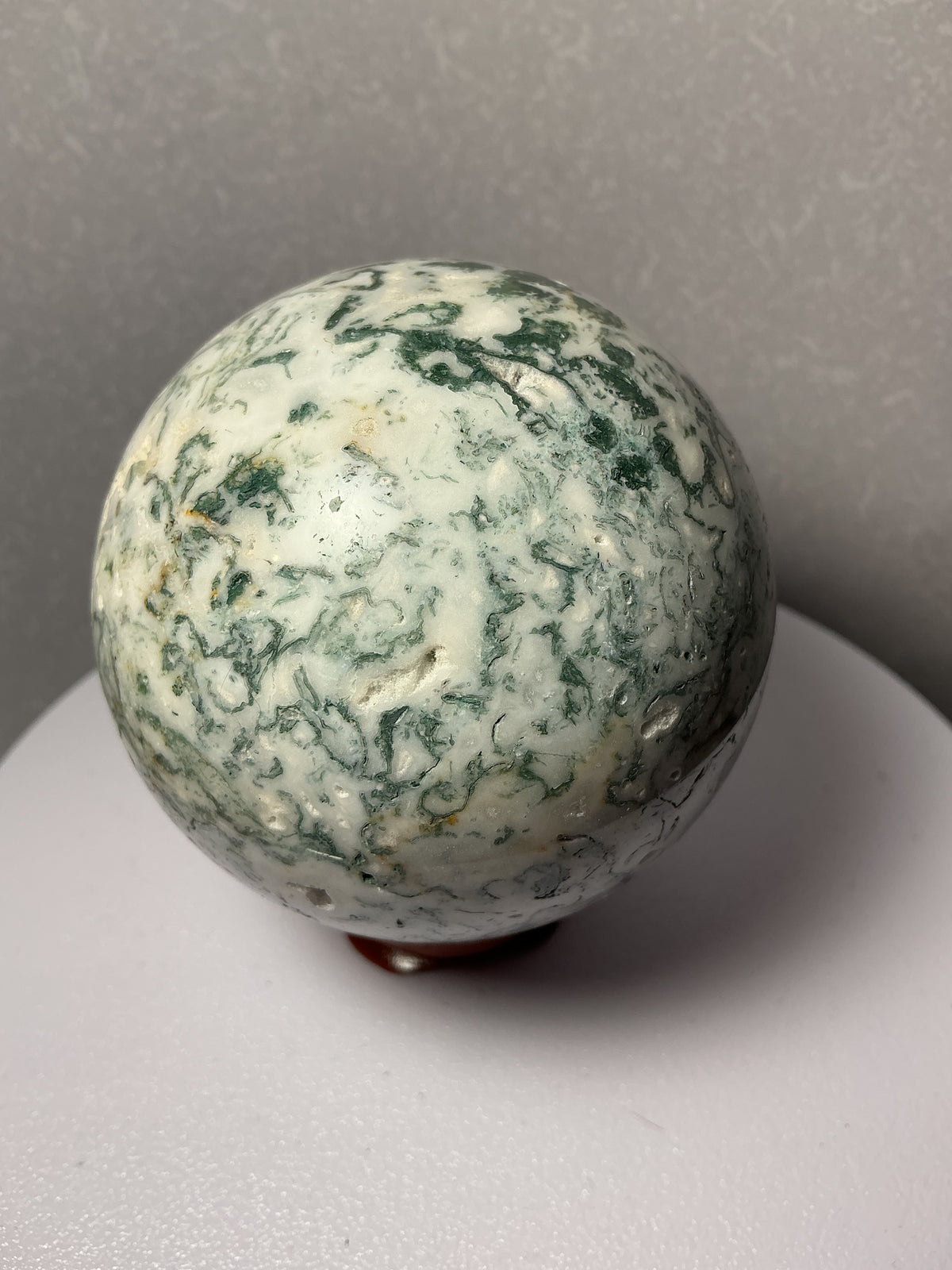 Natural Moss Agate Sphere with White Druzy Pockets