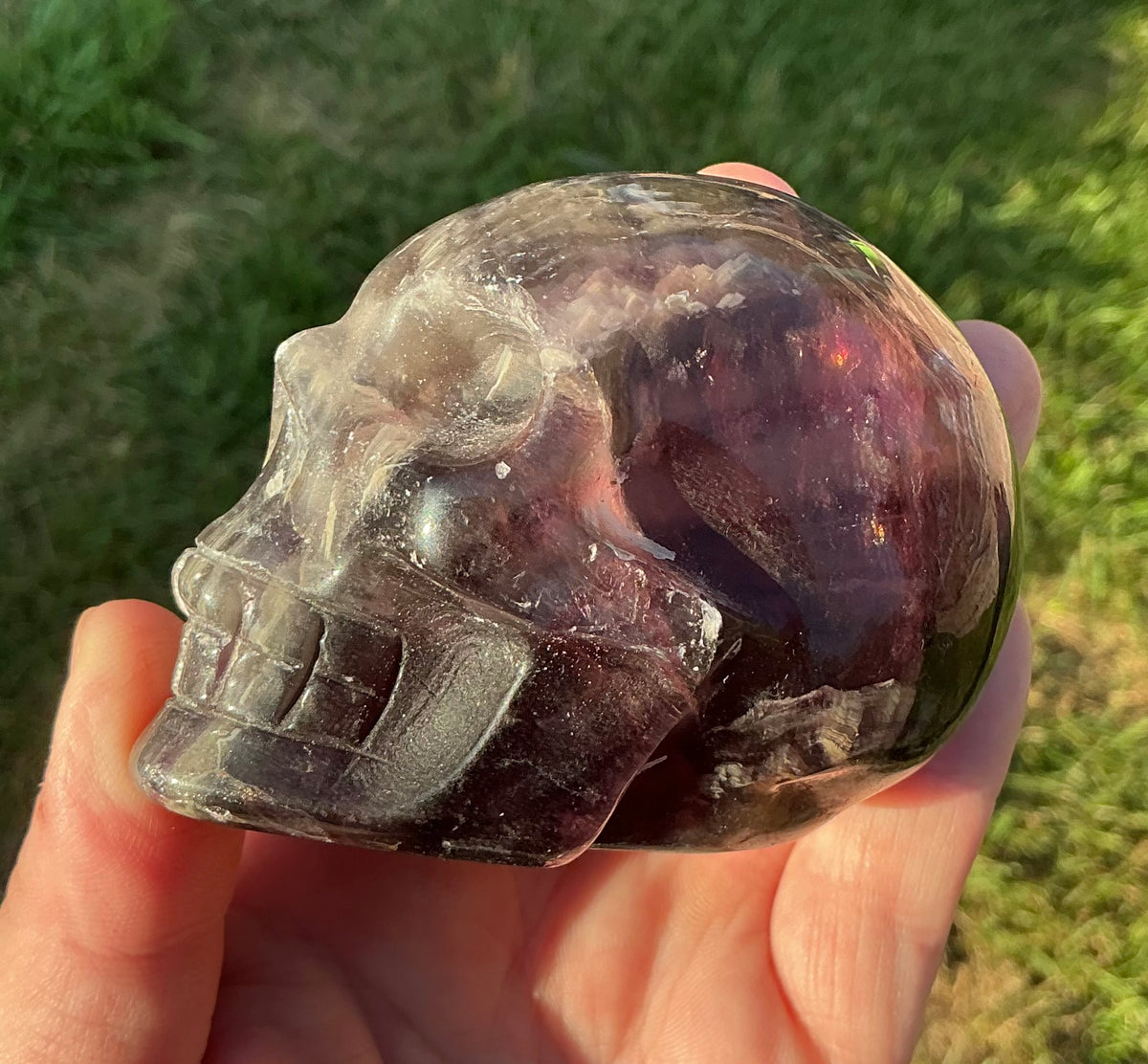 Rare Dark Purple Fluorite Skull with Rainbow Flashes and Natural Inclusions