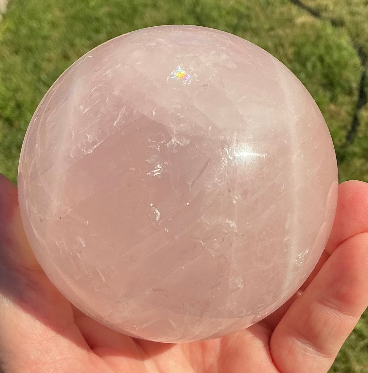 Large Natural Rose Quartz Sphere (81mm) with Rainbow Flash Inclusions!