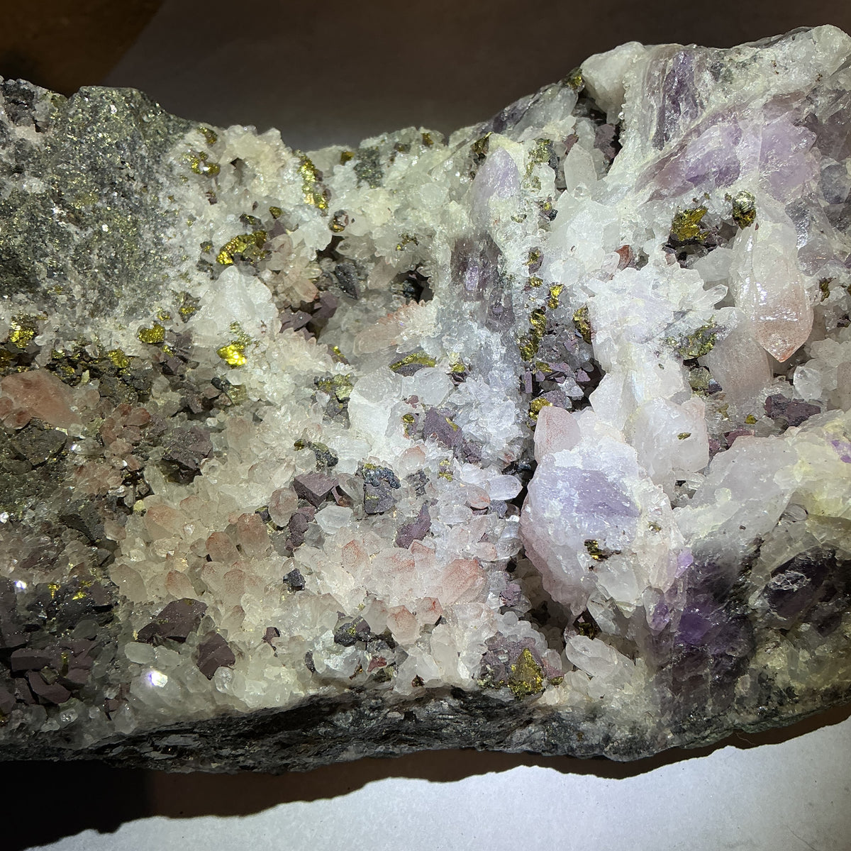 Rare Natural Multi-Mineral Specimen- Fluorite, Amethyst, Pyrite and Calcite Together!