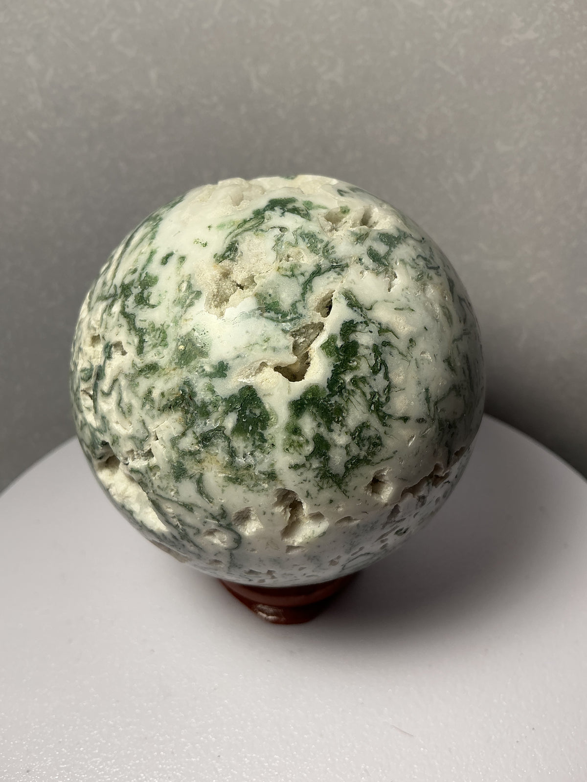 Natural Moss Agate Sphere with White Druzy Pockets
