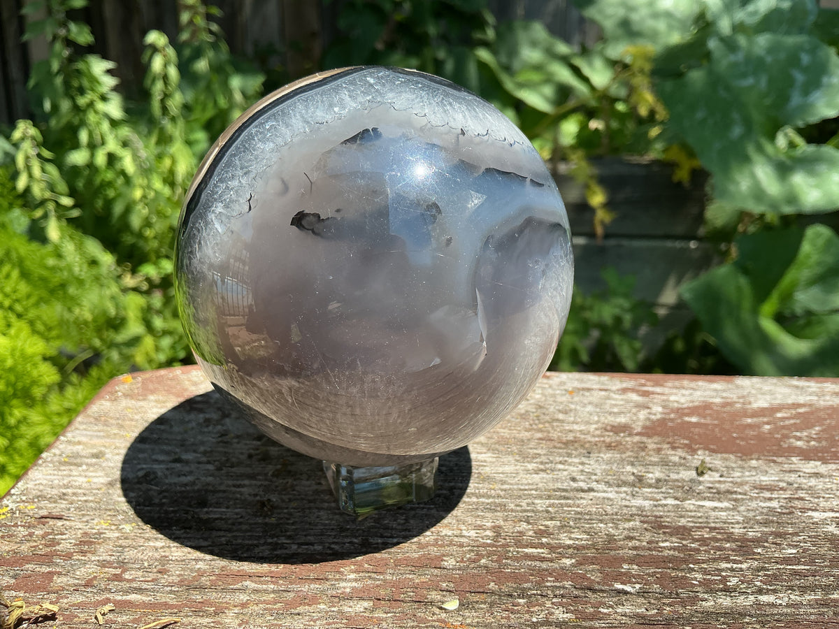 Large Natural Volcano Agate Sphere-87mm With HUGE Quartz Area and Strong UV