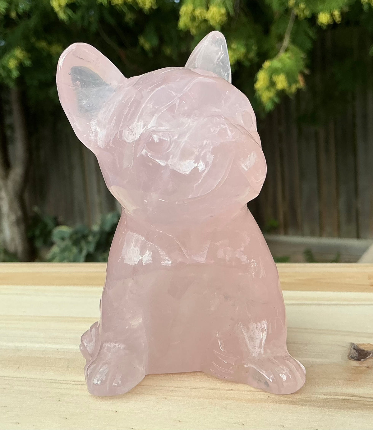 Adorable Natural Rose Quartz French Bulldog Carving