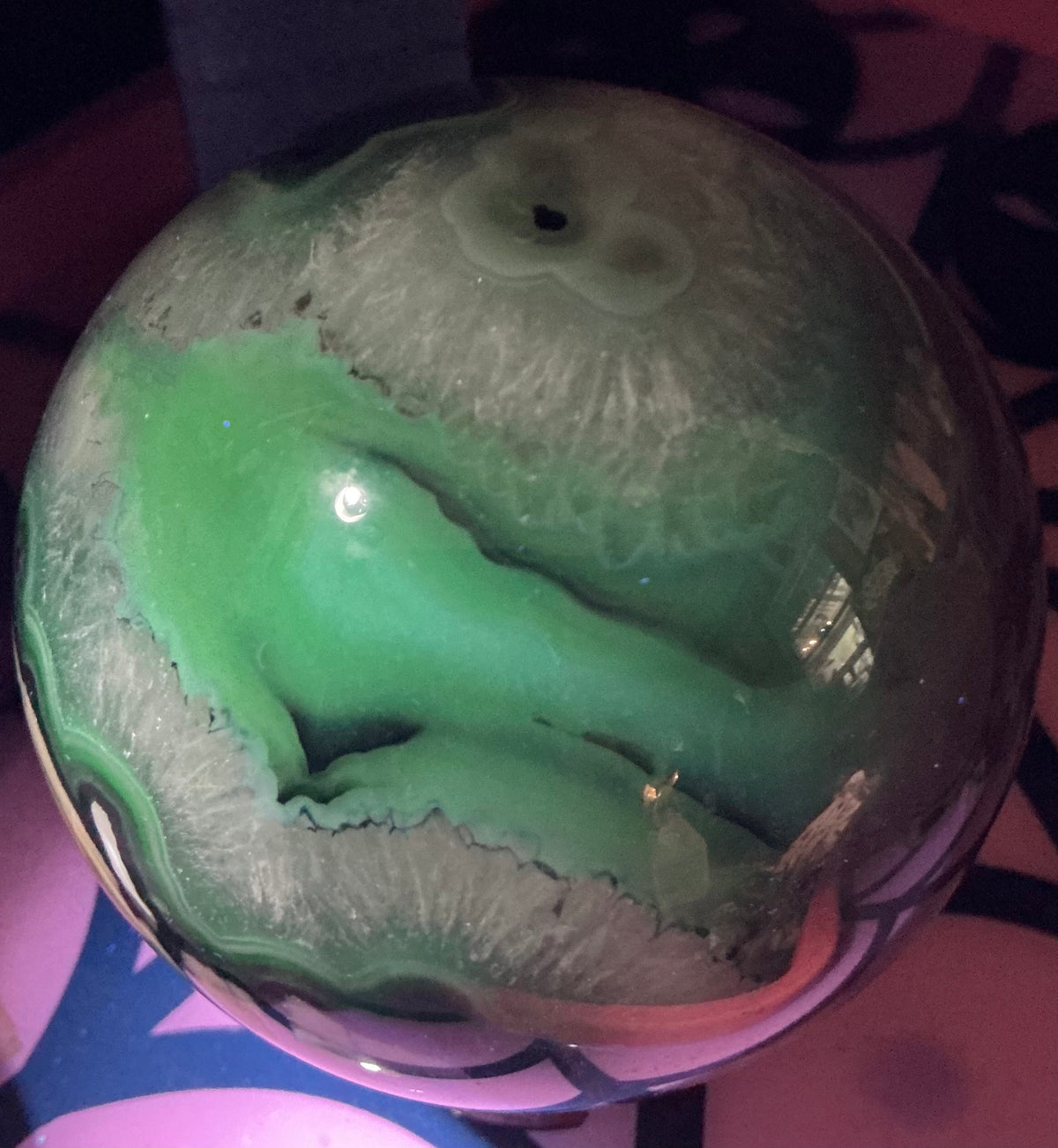 Large Natural Volcano Agate Sphere-87mm With HUGE Quartz Area and Strong UV