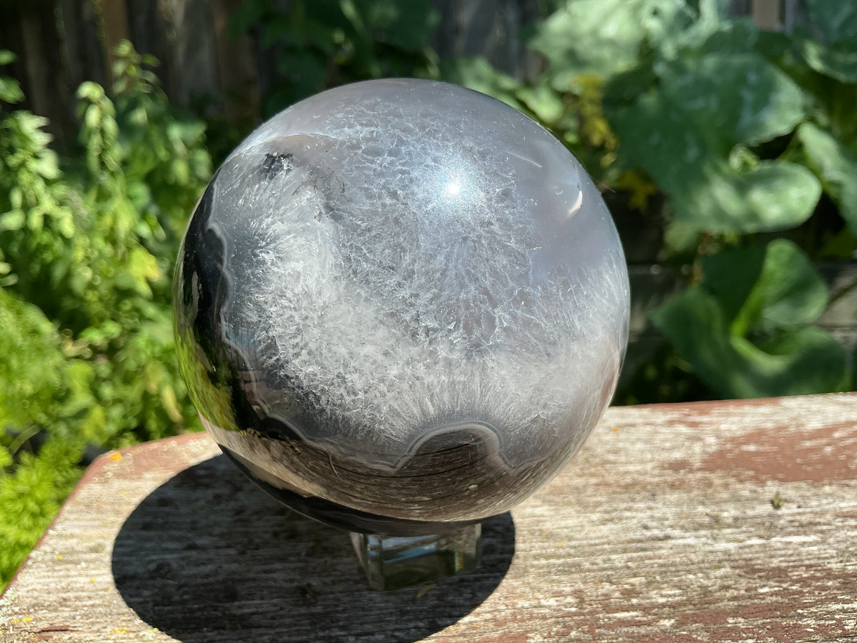 Large Natural Volcano Agate Sphere-87mm With HUGE Quartz Area and Strong UV