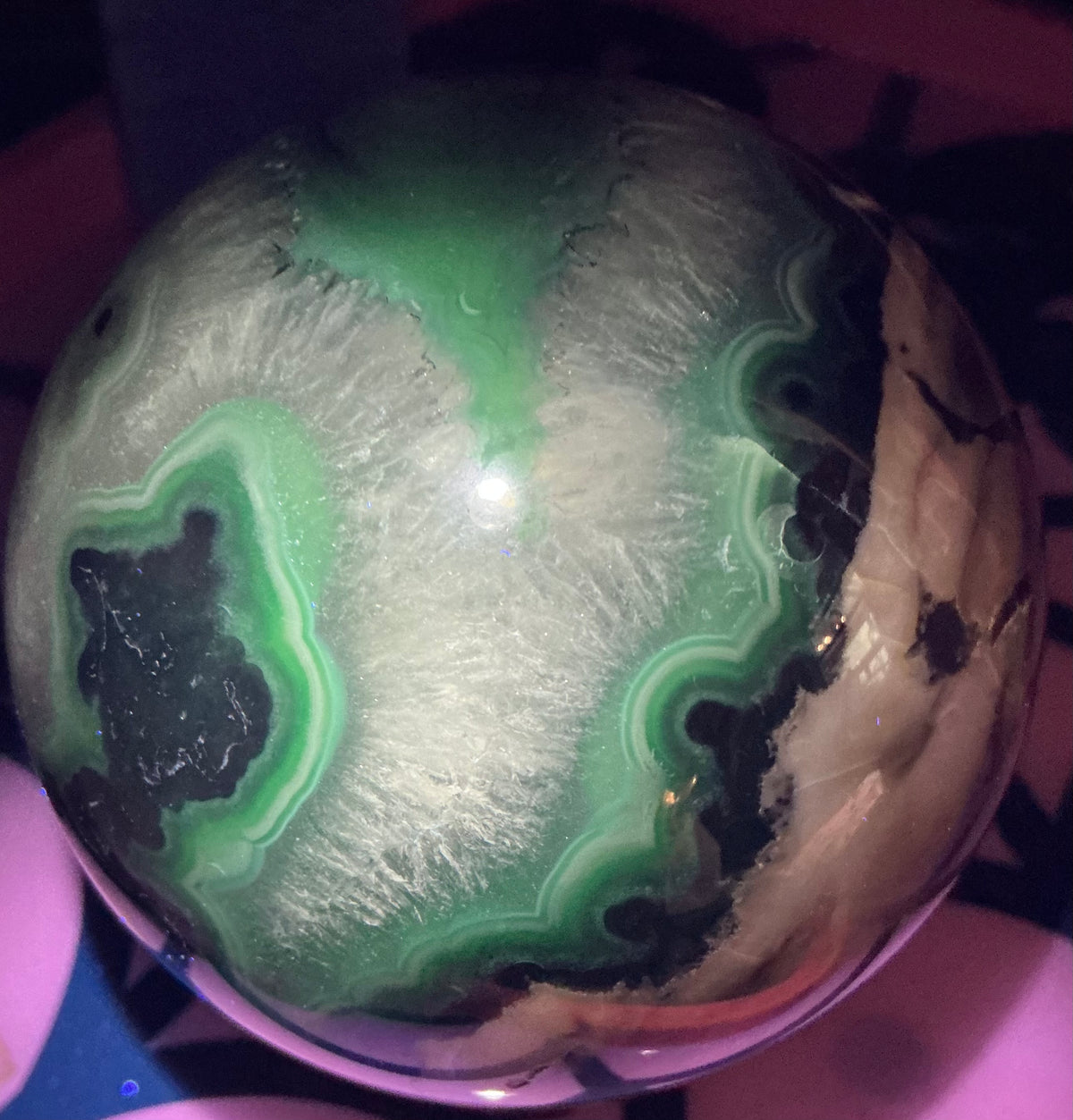 Large Natural Volcano Agate Sphere-87mm With HUGE Quartz Area and Strong UV