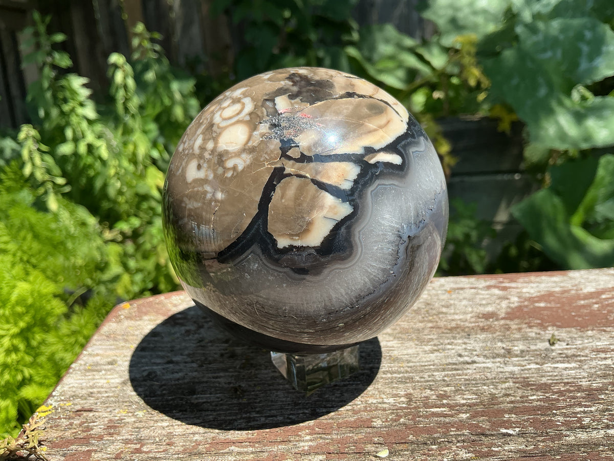 Large Natural Volcano Agate Sphere-87mm With HUGE Quartz Area and Strong UV
