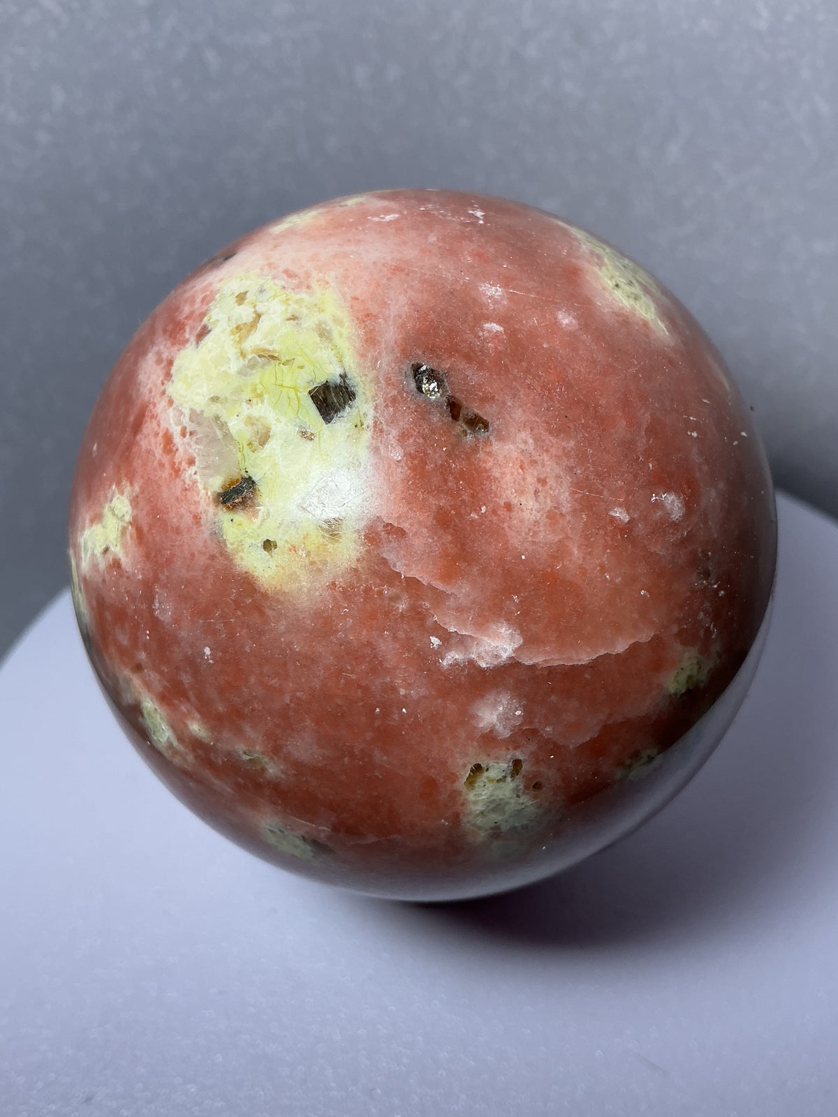 Rare Natural Pink Peach Blossom Tourmaline Sphere with Silvery Inclusions- 64mm