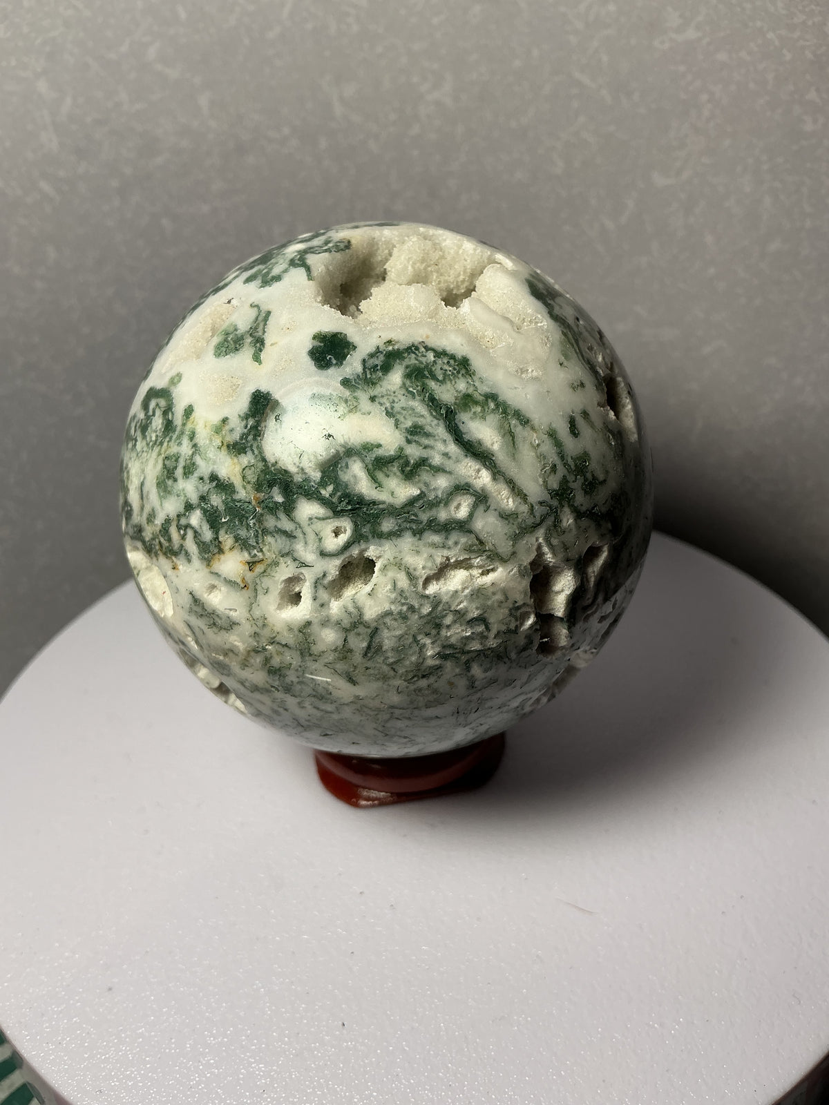 Natural Moss Agate Sphere with White Druzy Pockets