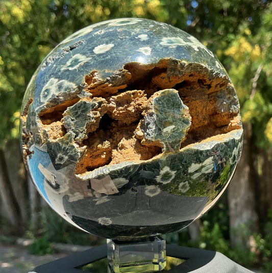 One-of-a-Kind XL Orbicular Green Jasper 105mm with Huge Iron-Rich Druzy Cave