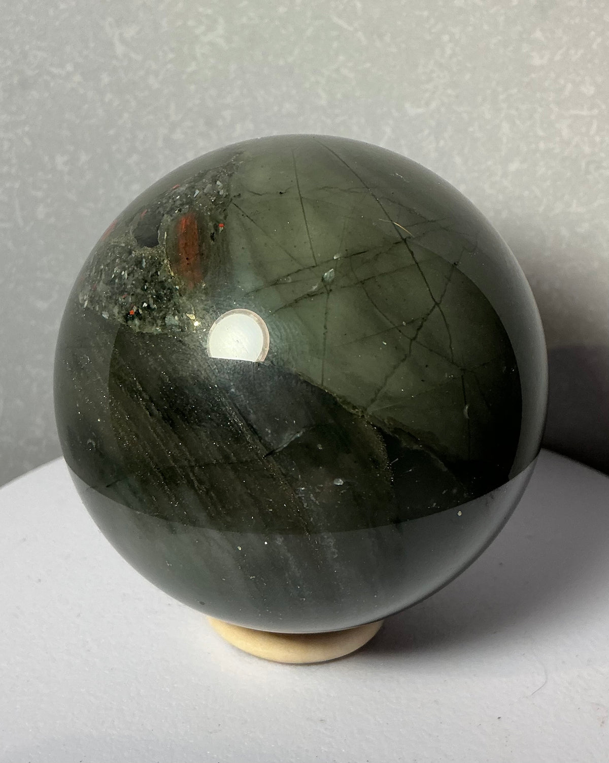 Unique African Bloodstone 68mm Sphere with Pyrite Inclusions