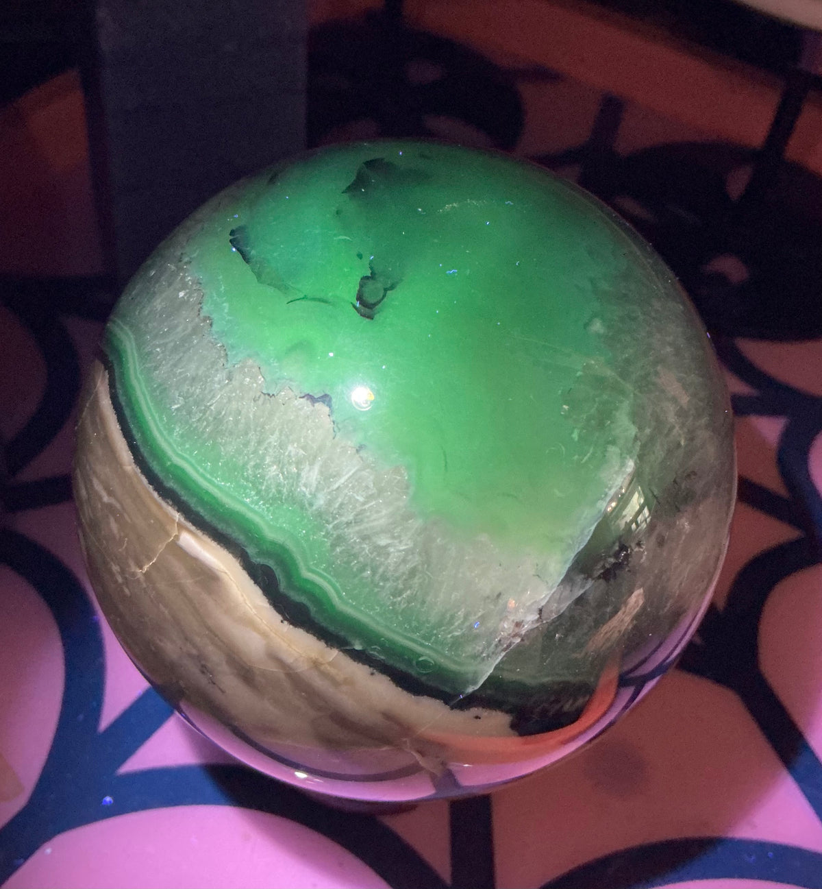 Large Natural Volcano Agate Sphere-87mm With HUGE Quartz Area and Strong UV