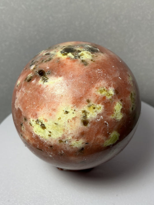 Rare Natural Pink Peach Blossom Tourmaline Sphere with Silvery Inclusions- 64mm