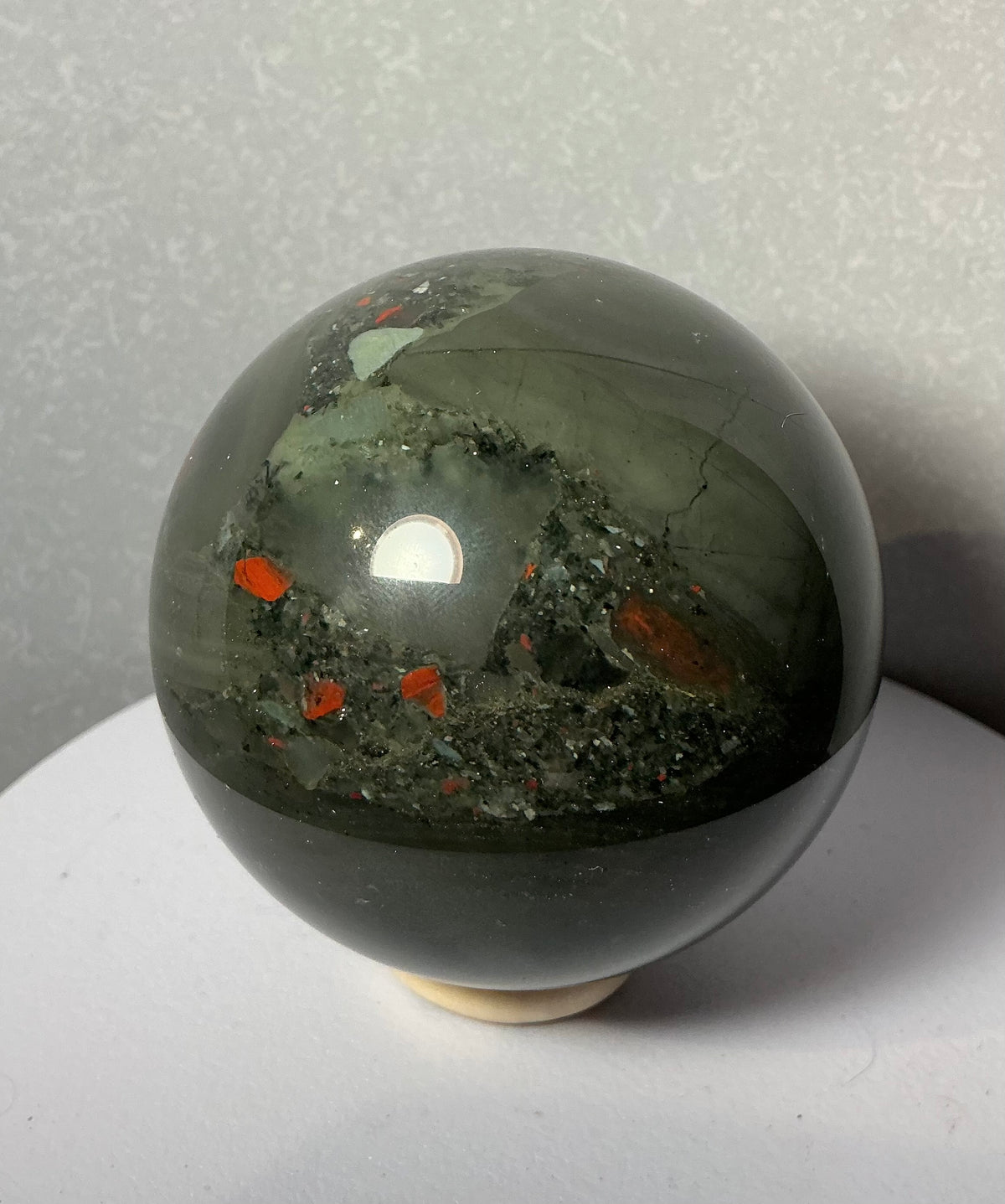 Unique African Bloodstone 68mm Sphere with Pyrite Inclusions