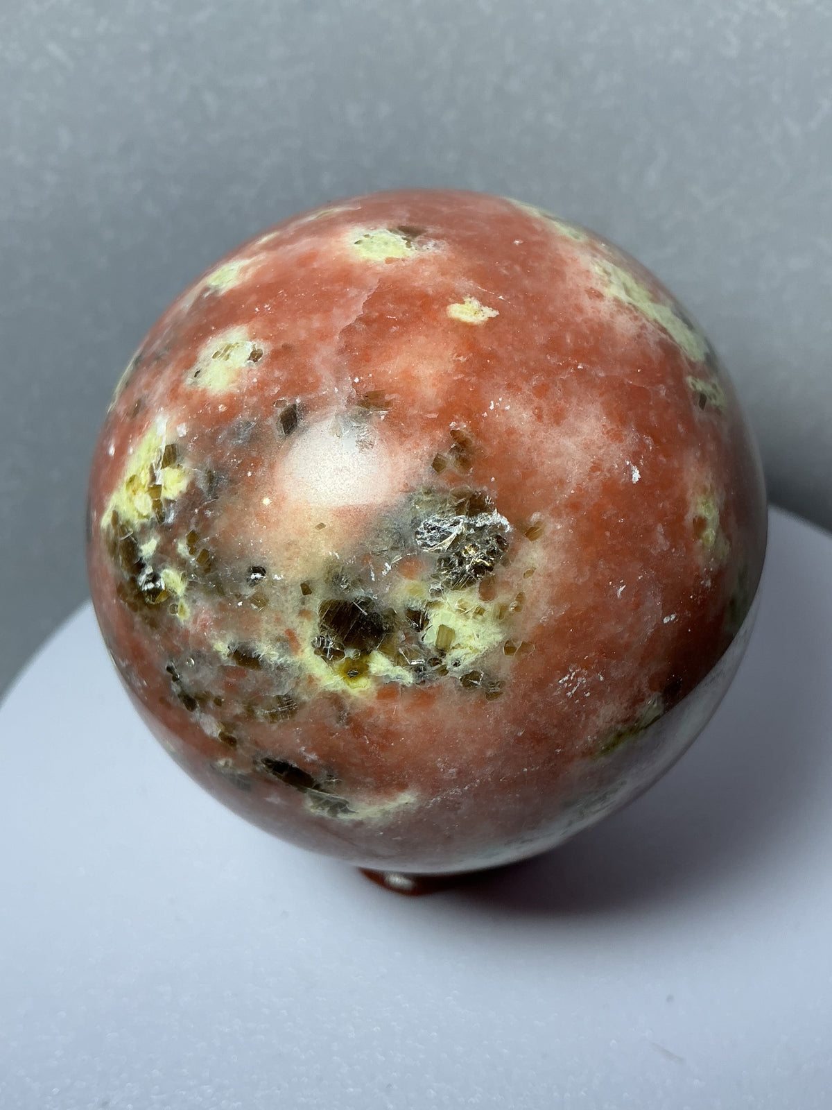 Rare Natural Pink Peach Blossom Tourmaline Sphere with Silvery Inclusions- 64mm
