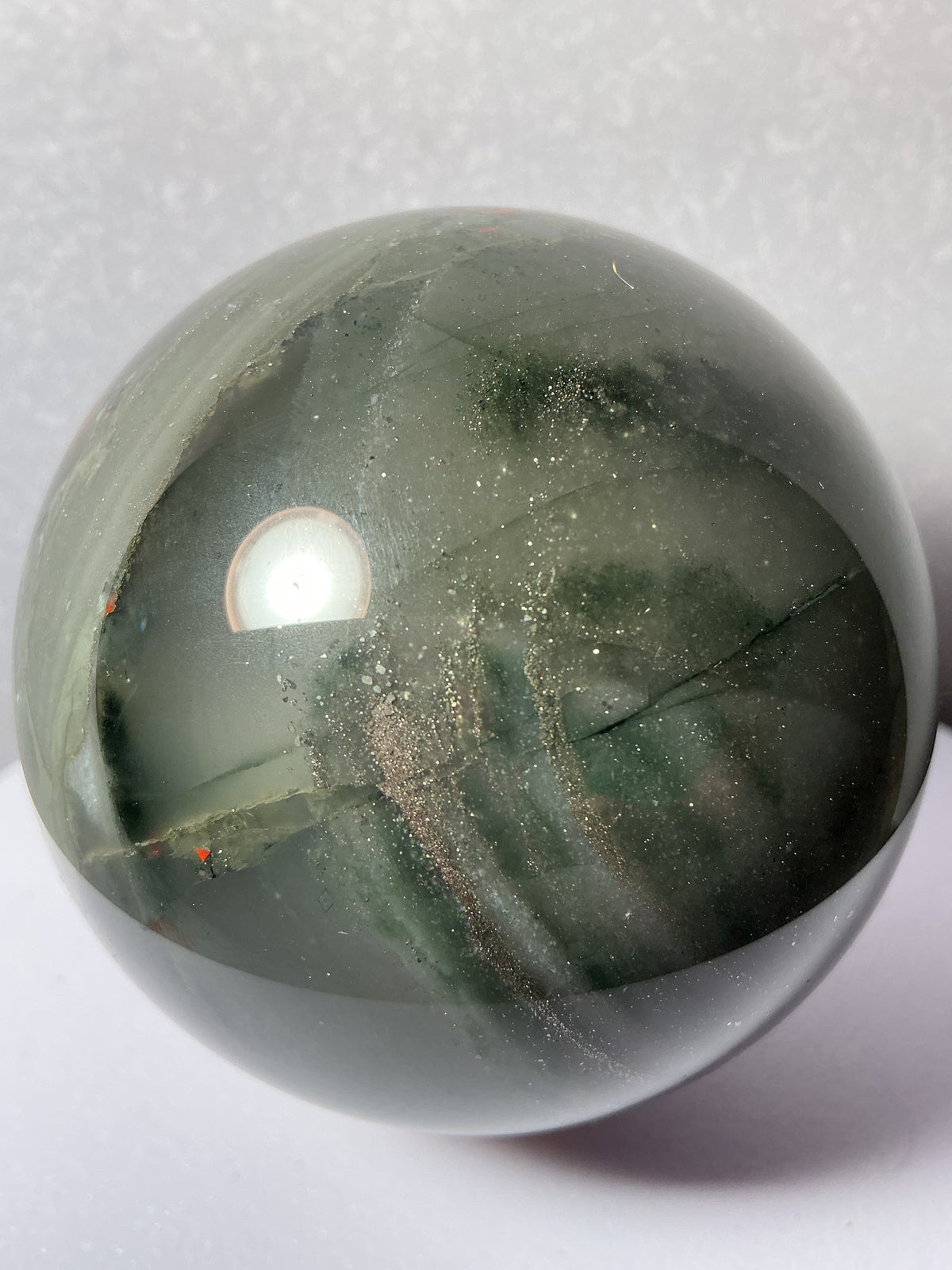 Unique African Bloodstone 68mm Sphere with Pyrite Inclusions