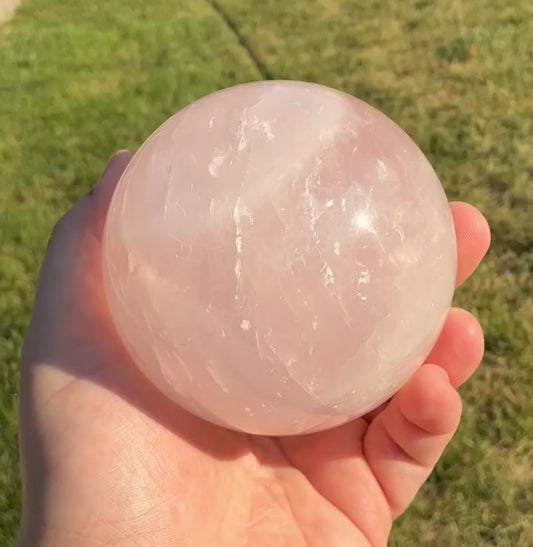 Large Natural Rose Quartz Sphere (81mm) with Rainbow Flash Inclusions!